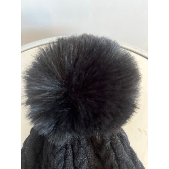 C.C. Cable Knit Beanie with a Faux Fur Pom-Pom and Cuff Black one Size - Picture 3 of 10
